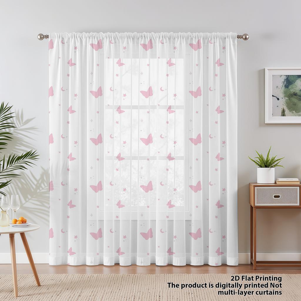 1 st Ljusrosa Fjäril Fönstergardin Drömsk Söt Elementstil Stånggenomförd Dekorativ Fönsterduk för Vardagsrum Och Sovrum
