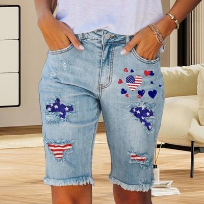 Yousheng Damskie Spodenki Jeansowe Zniszczone Podarte Wysoki Stan Elastyczne Szorty z Amerykańską Flagą Letnie Codzienne Spodenki Jeansowe