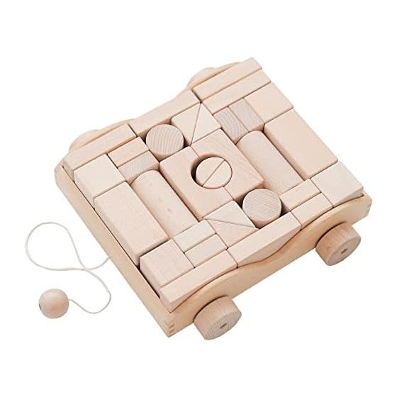 Деревянная игрушка - машинка из строительных блоков (4 см стандарт) (набор из 32 неокрашенных строительных блоков) Поставляется с тележкой, 9 видов строительных блоков, Строительные блоки,