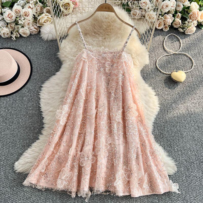 

Immortal Purple Sequined Three-Dimensional Flower Sling Dress Women Summer High-Grade Temperament Beautiful Loose Princess Dress Pink S