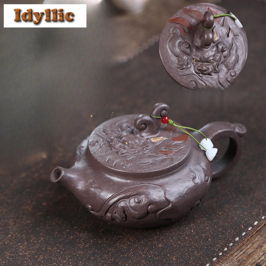300ml Elegant Yixing Purple Clay Teapots Handmade Auspicious Beast Weekly Count Pot Raw Ore Azure Mud Kettle Zisha Tea Set Craft