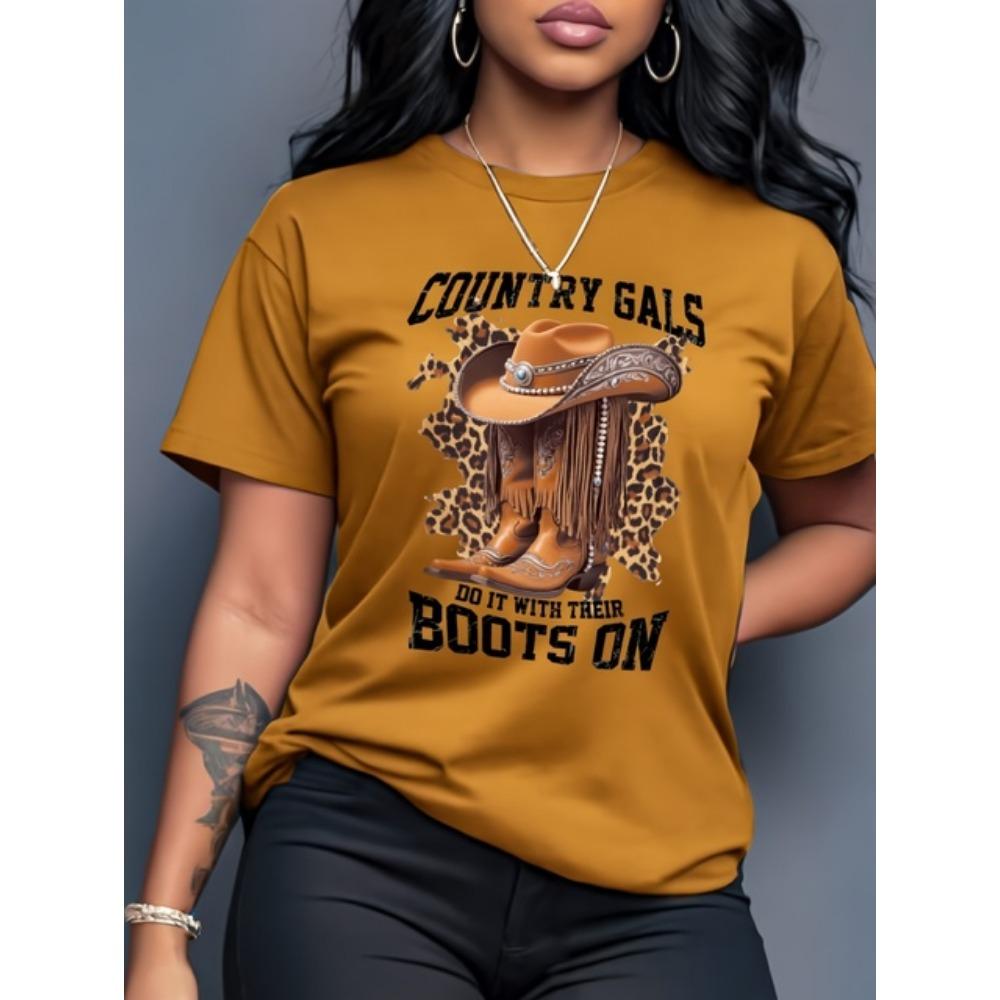 Sommerliche Vitalität Straßenmusikfestival Kleidung Denim Stiefel Leopardenmuster Rundhals T-Shirt Hohe Qualität Leicht Alltagsoberteil