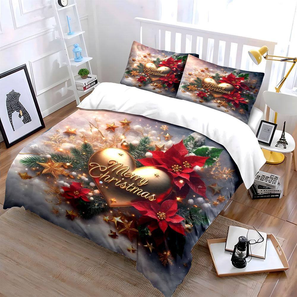 Golden Merry Christmas Design Bedding Duvet Cover Set Duvet Cover Pillowcases (1*Duvet Cover 2*Pillowcases, without duvet insert)