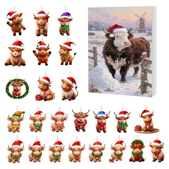 Scottish Highland Cow Advent Calendar Christmas 24 Days Funny Cow Countdown 2D Design Holiday