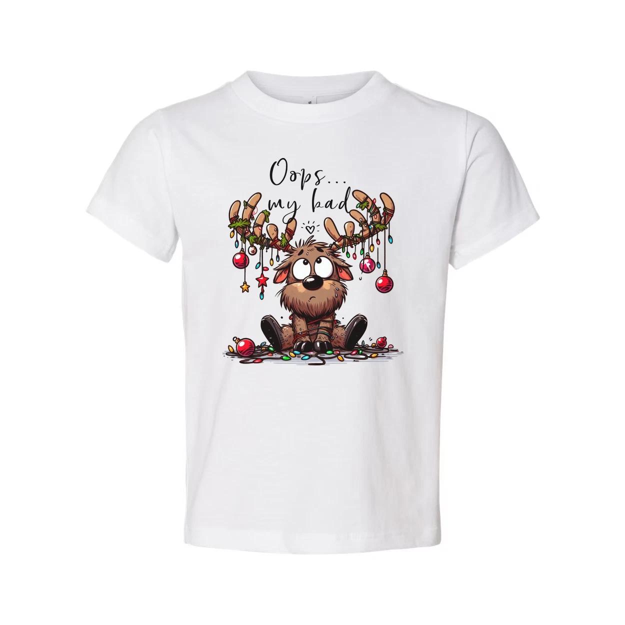 

Unisex Christmas Graphic T Shirt With Cute Reindeer Character And Oops My Bad Te S
