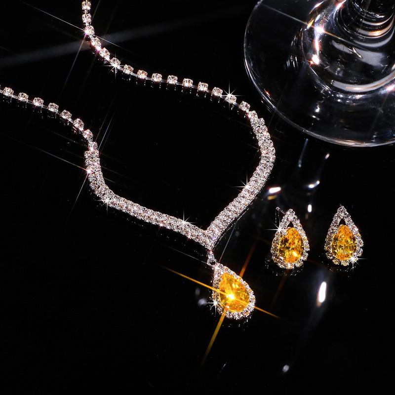 Geometric Zircon Pendant Necklace Set With Matching Earrings Waterdrop Shape Full Rhinestone Crystal Jewelry Wedding Party