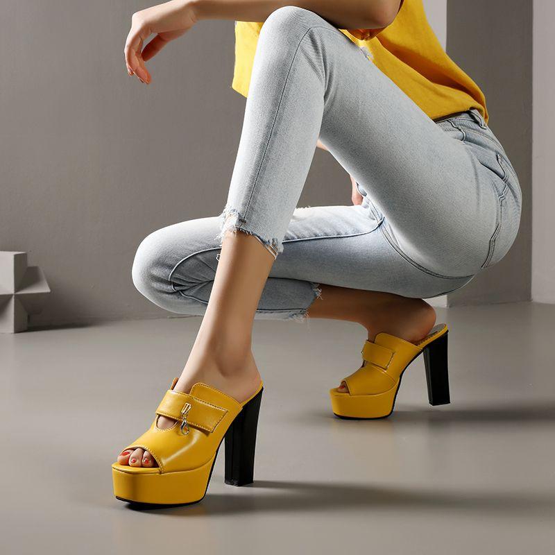 Sexy Denní Dámské Sandály Čtvercová Špička Blokový Vysoký Podpatek 12cm Platforma 4cm Nazouvací Muly Kovová Dekorace Velká Velikost 49 50