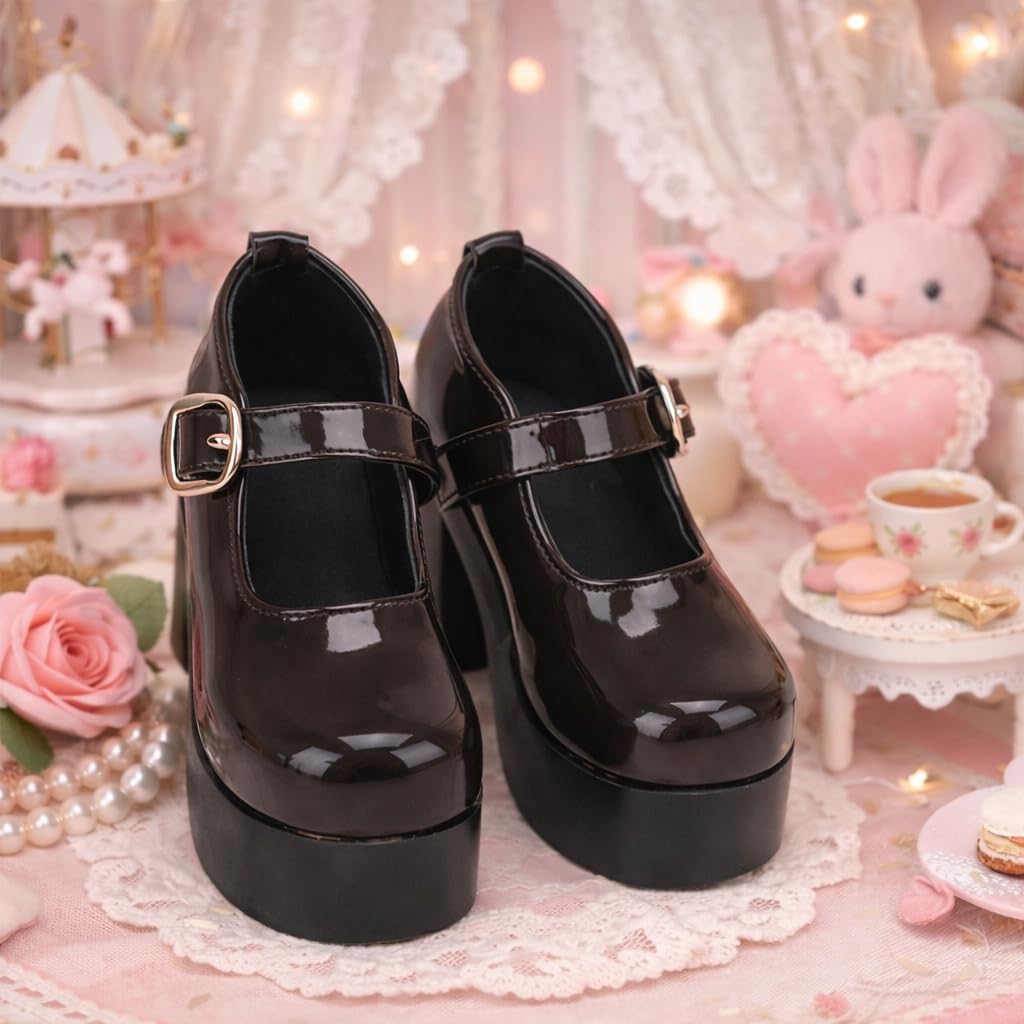 Sunny Step Platform Doll Heel Strap Shoes for Miniature Shoes for Doll Doll Clothes Shoes, Dolls, Black, Lolita, Enamel, Brown, White, Dolls,