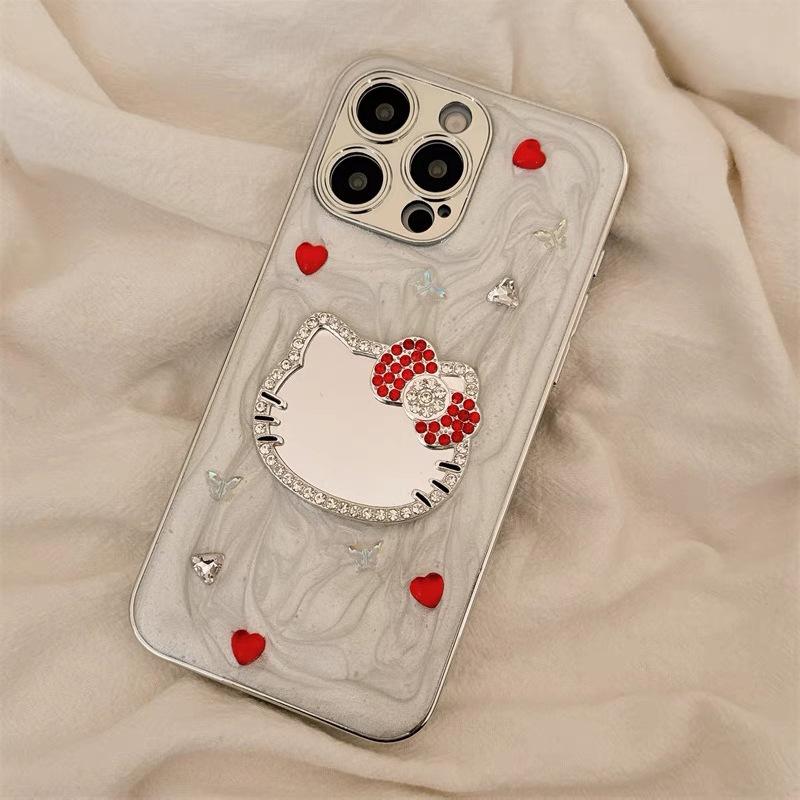 Rhinestone glass Kt cat mirror mobile phone case for Iphone17Promax Epoxy glitter Apple 16 women