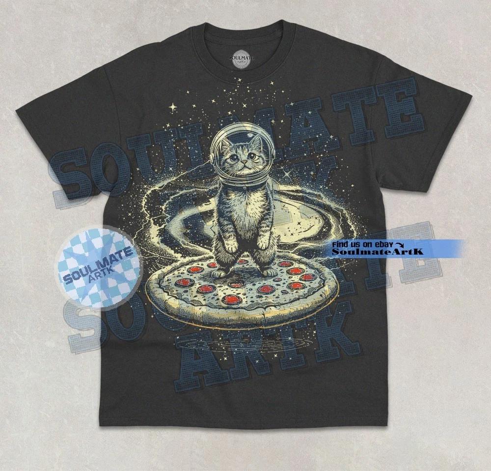 Space Cat Pizza T-Shirt Funny Astronaut Space Lover Joke Meme Graphic Shirt 2XL