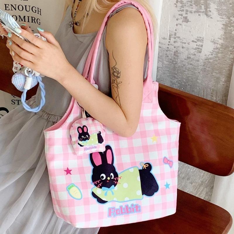 Cartoon cute handbag canvas newspaper shoulder carry big cloth bag student tutoring bag tote bag file bag
