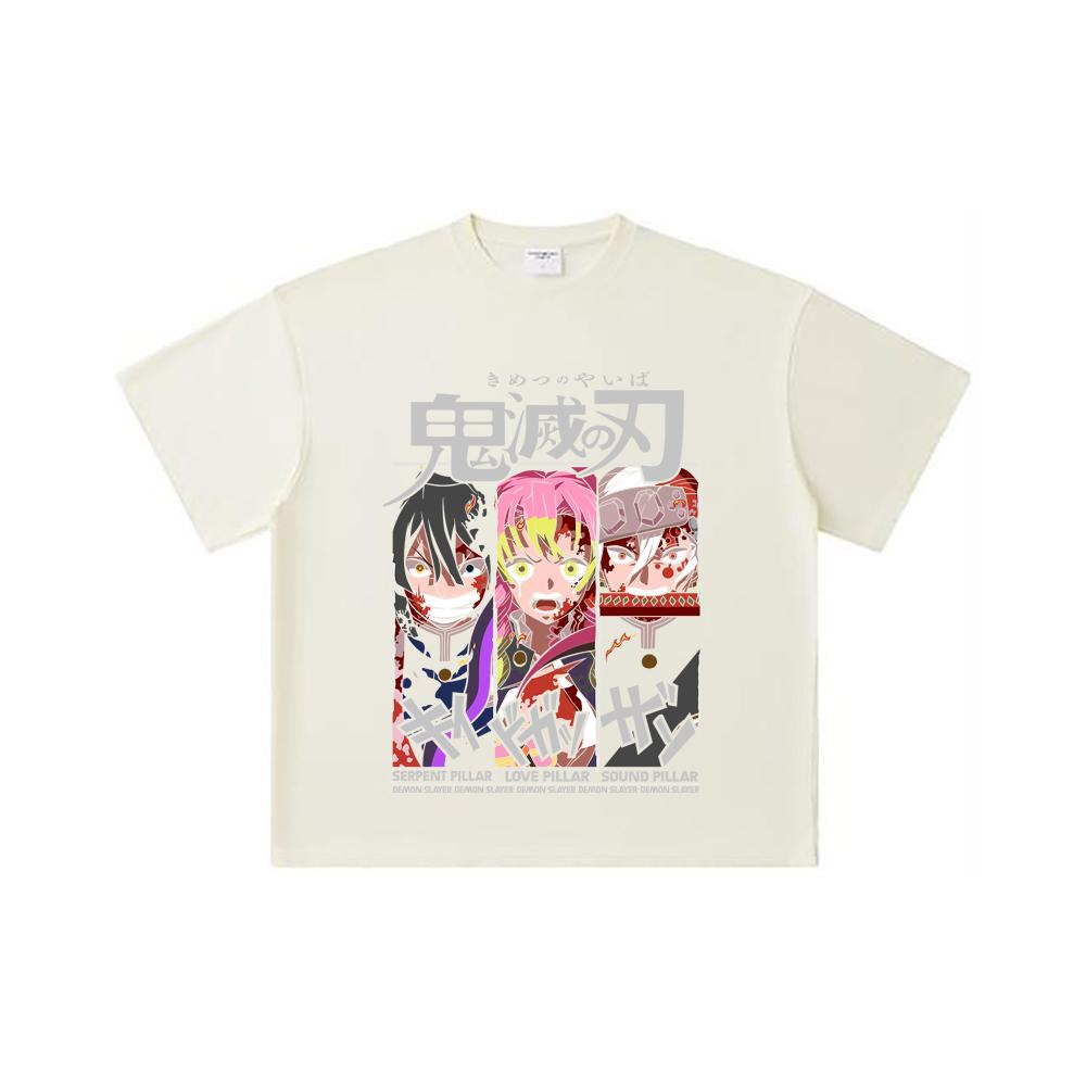 260 GSM Double Yarn 32 Count 100% Cotton Demon Slayer V59 Pillars Print Unisex Heavy Cotton T Shirt