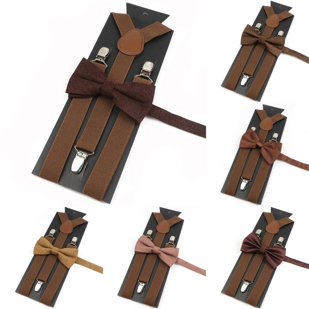 Men Kids Yellow Khaki Brown Suspender Bowtie Set Elastic Adjustable Y-Back Braces Straps Daily Father-Child Braces Accessory