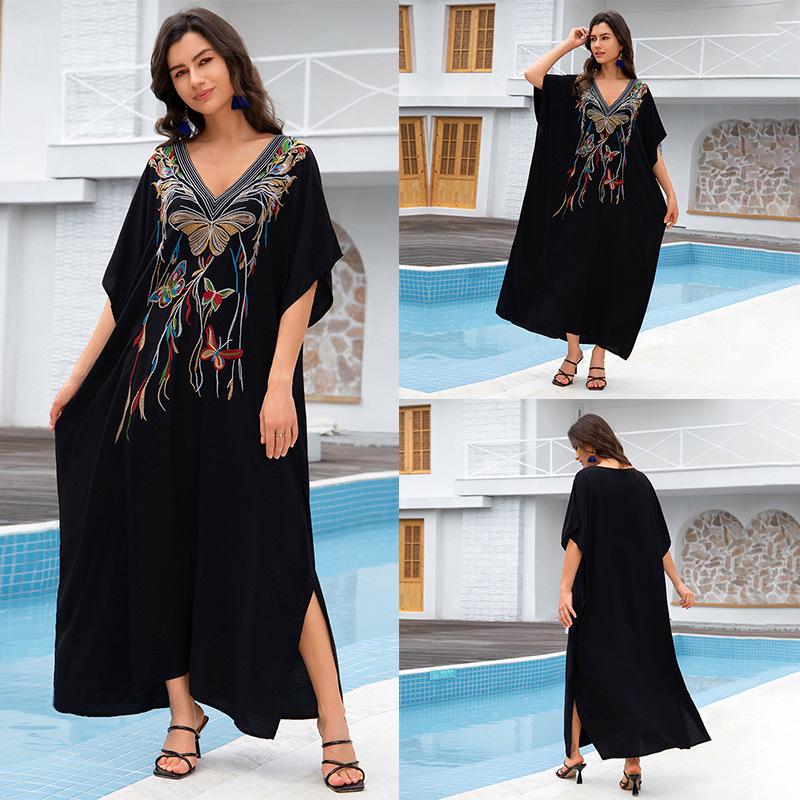 "European & American Embroidered Cotton Maxi Skirt: Women's Beach Sun Protection Robe"