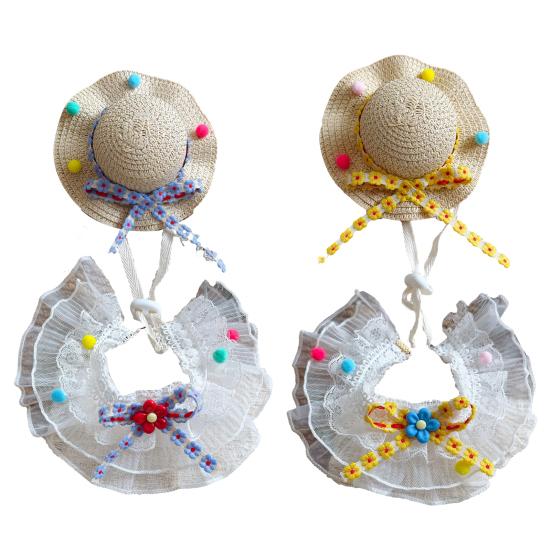 1 Set Cute Flower Cat Outfit Straw Sun Hat And Lace Ruffled Cat Bandana Bib Sweet Pet Accessory with Colorful Pom-Poms for Cats Dogs Photos Parties