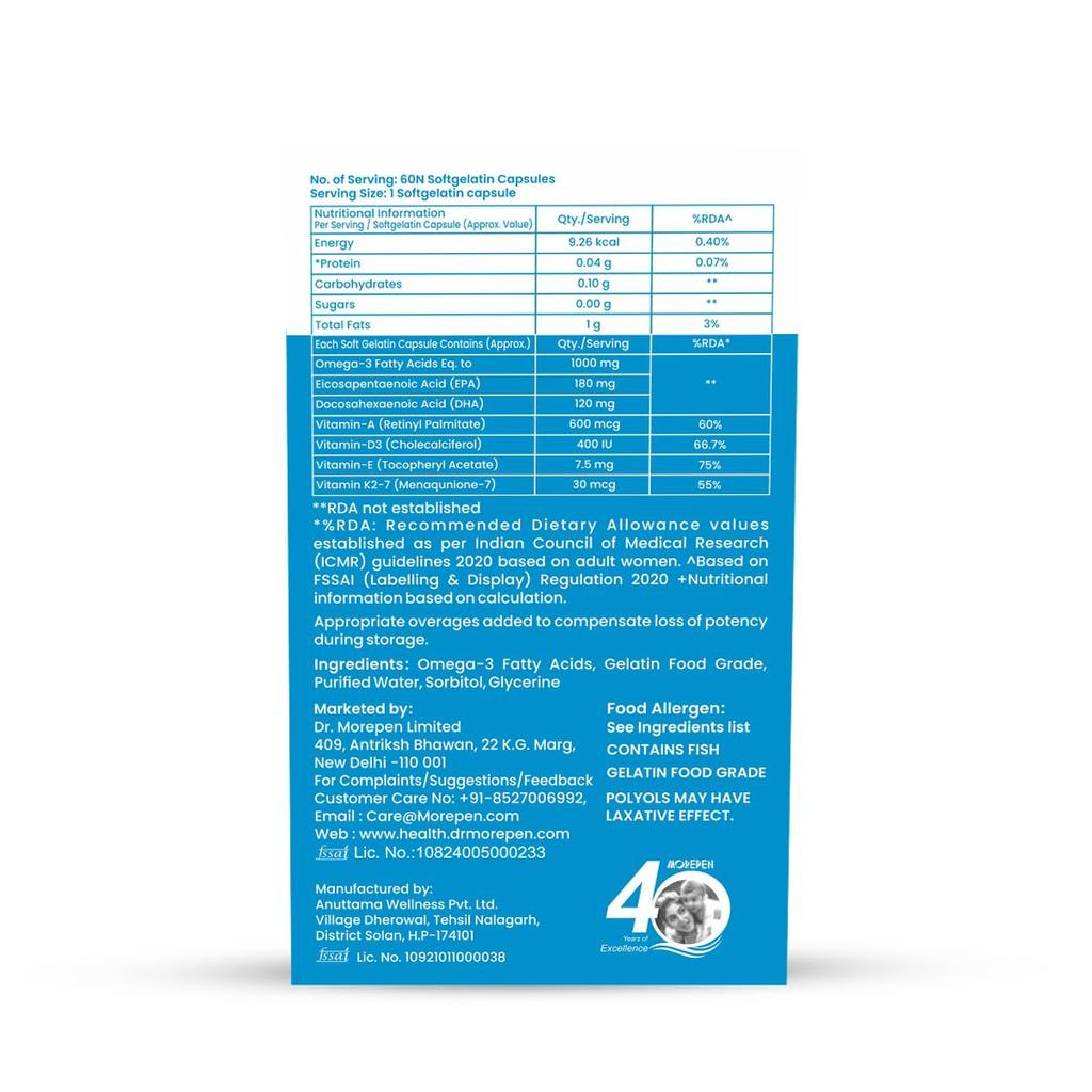 DR. MOREPEN Omega 3 Deep Sea Fish Oil 1000 Mg with DHA & Vitamins A D E K27, 60 Softgels Pack of 2