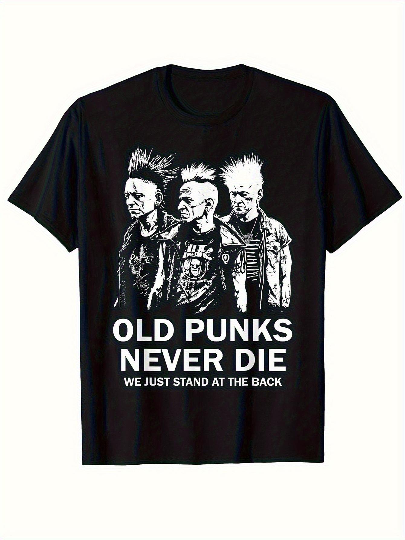 Men Old Punks Never Die Punk Mohawk Graphic T-Shirt - Black with Mohawk Print XS