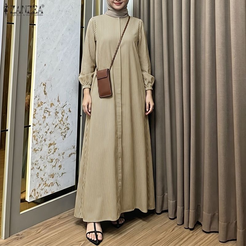 ZANZEA Women Casual Round Neck Loose Long Sleeve Stripe Dress