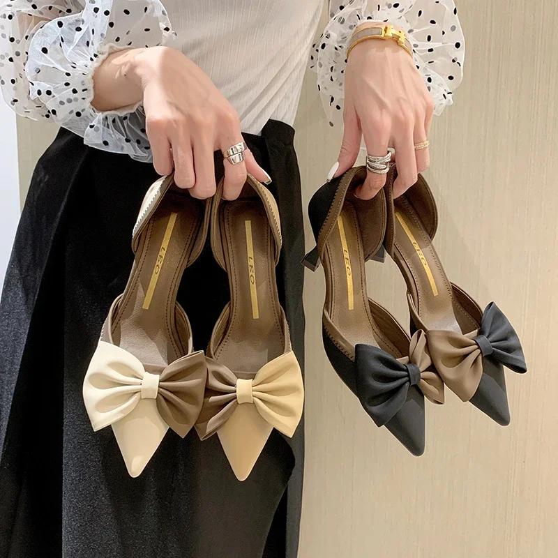Fashion 2024 New Pointed High Heels for Women in Spring, Summer, and Autumn Korean Fashion Slim Heel Bow Single Shoe for Women