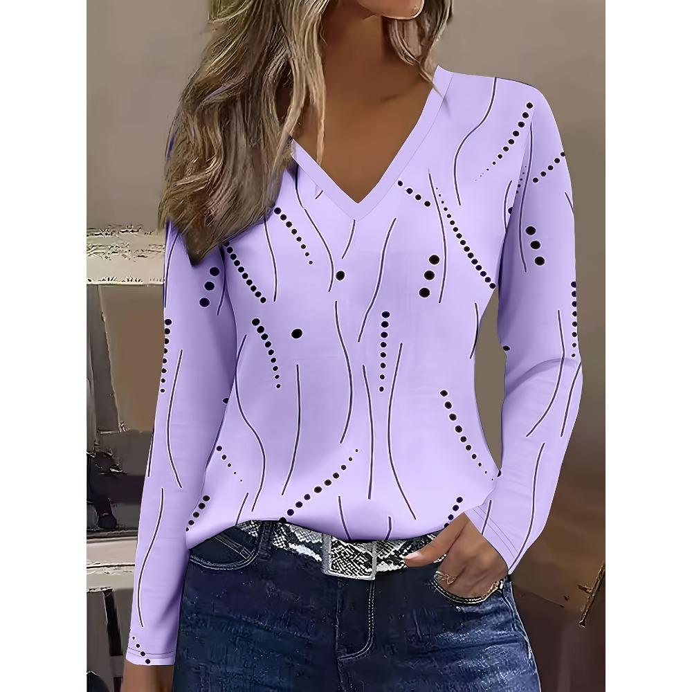

Casual Long Sleeved V-neck T-shirt for Spring and Autumn, Women s Clothing, Color Block Design S