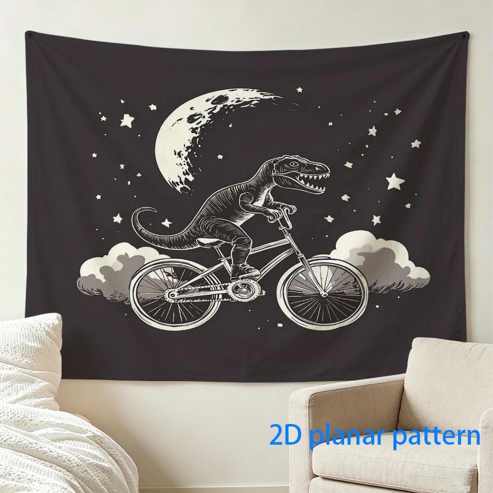 Dinosaur Riding Bicycle Silhouette Tapestry Moon Stars Night Sky Cartoon Retro Illustration Wall Decor