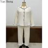Women Pajama Set, White Plus Size Lapel Long Sleeve Contrast Trim Loose Wide Leg Loungewear Two Piece Outfit For Spring Autumn