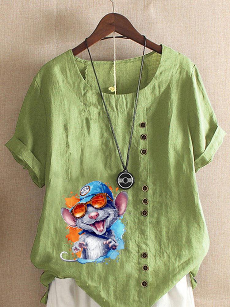 Women's Fashion Colorful Mouse Print Round Neck Short Sleeve T-shirt Casual Cotton Linen Graphic Shirt Leisure Loose Summer Blouse Tops