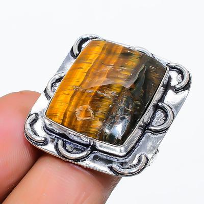 Natural Tiger Eye Gemstone Handmade 925 Sterling Silver Jewelry Ring Size 8 W7V01
