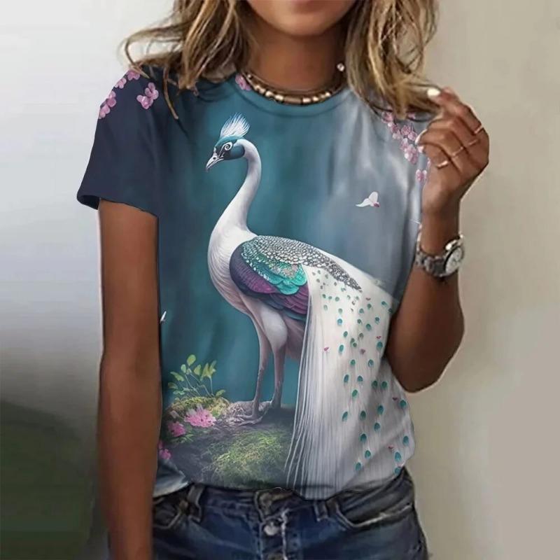 Peacock T-Shirts Animal Women Fashion O-Neck Short Sleeve T Shirt Y2k Harajuku Oversized Tees Tops Female Clothing