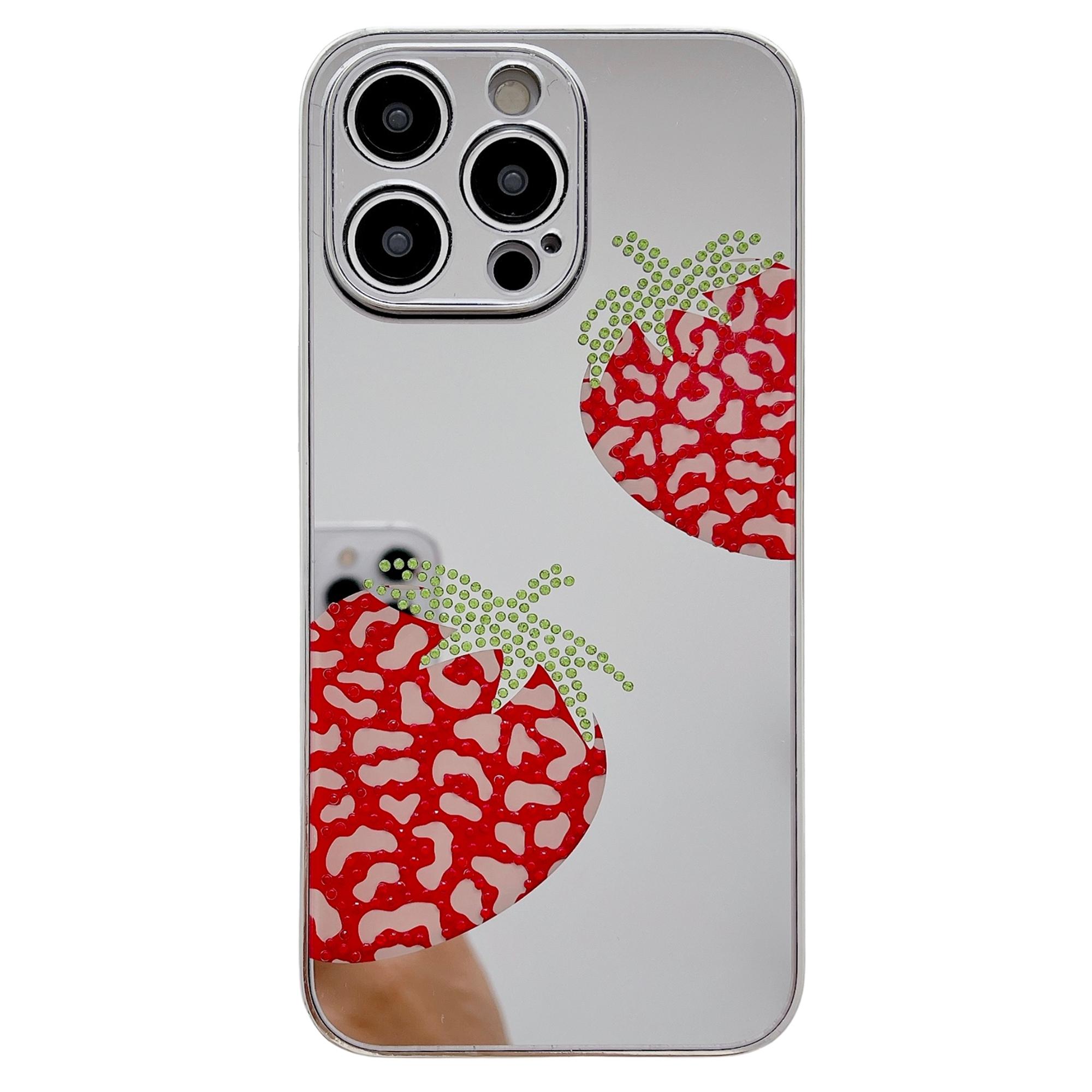 

For iPhone 15 Pro Max Case IMD Silver Finish TPU+PC Rhinestones Decor Phone Cover Strawberry