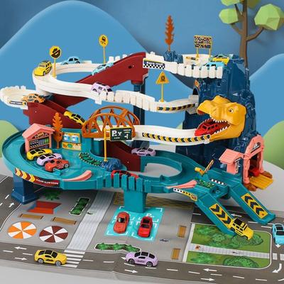 1 ensemble de jouets de piste de dinosaure avec de petites voitures, carte autocollante, route de montagne, tunnel de dinosaure, parking, jouet de construction éducatif pour tout-petits, garçons et filles, cadeau