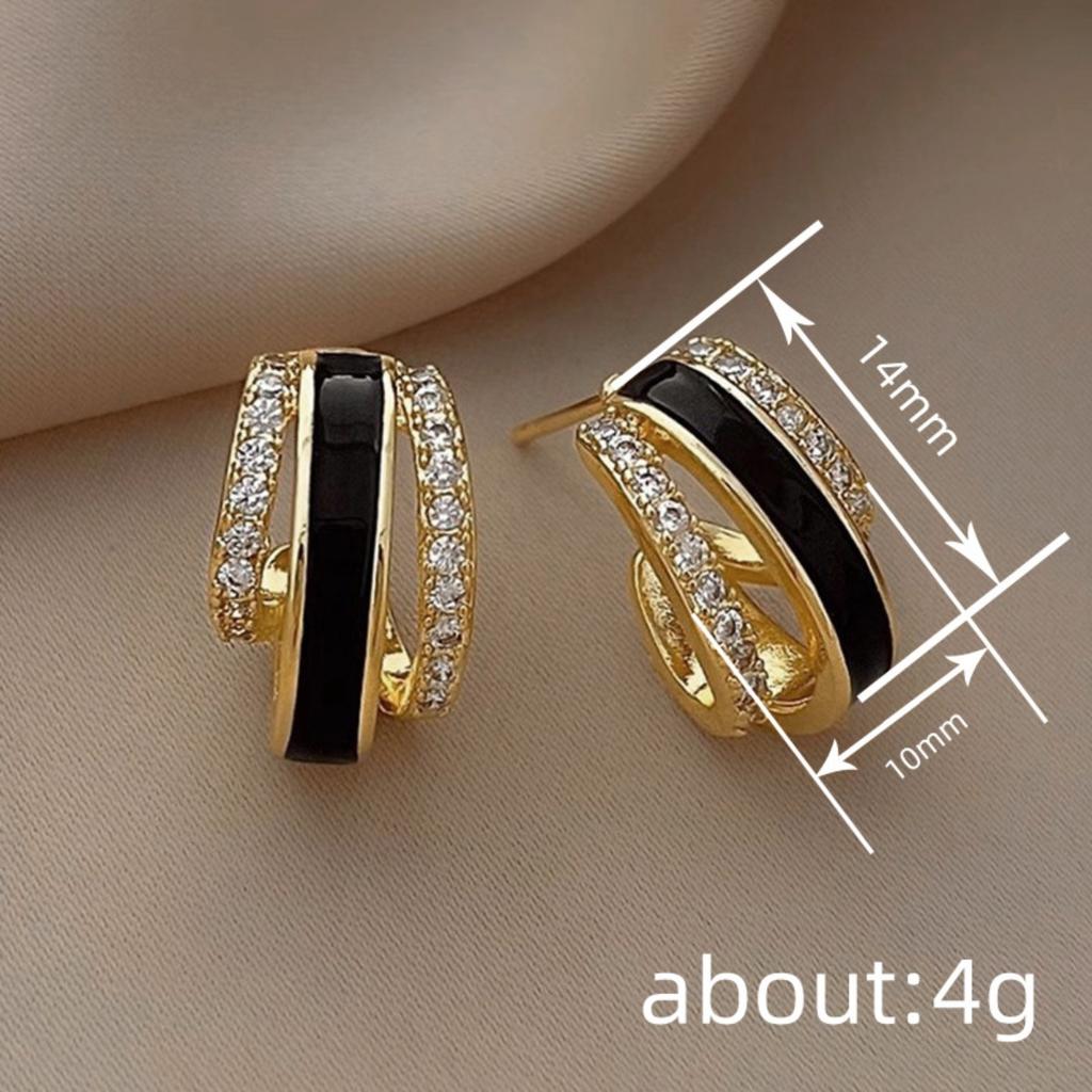 Three Band Enamel and Side Paved Stone Clip On Hoop Earrings Women Elegant Ear Jewelry