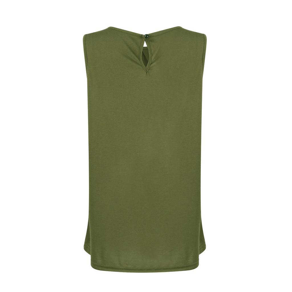 Modisches T-Shirt für Damen mit Rundhalsausschnitt, lässig, einfarbig, ärmellos, mit Knopfleiste auf der Rückseite