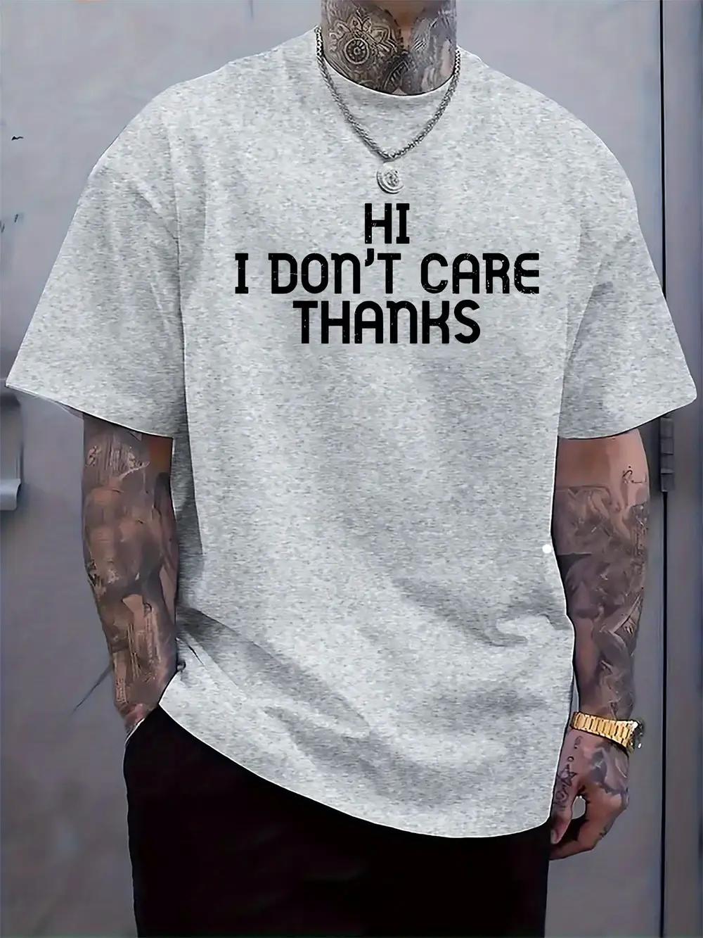 

Casual Short Sleeve T-shirt with Bold HI I DON T CARE Slogan Print - White Regular Fit Summer Tee S