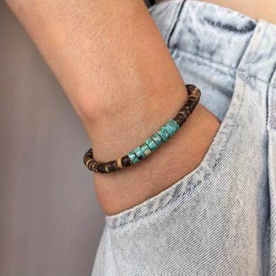 Pulseira masculina de verão surfista de madeira e pedras preciosas Heishi Bead