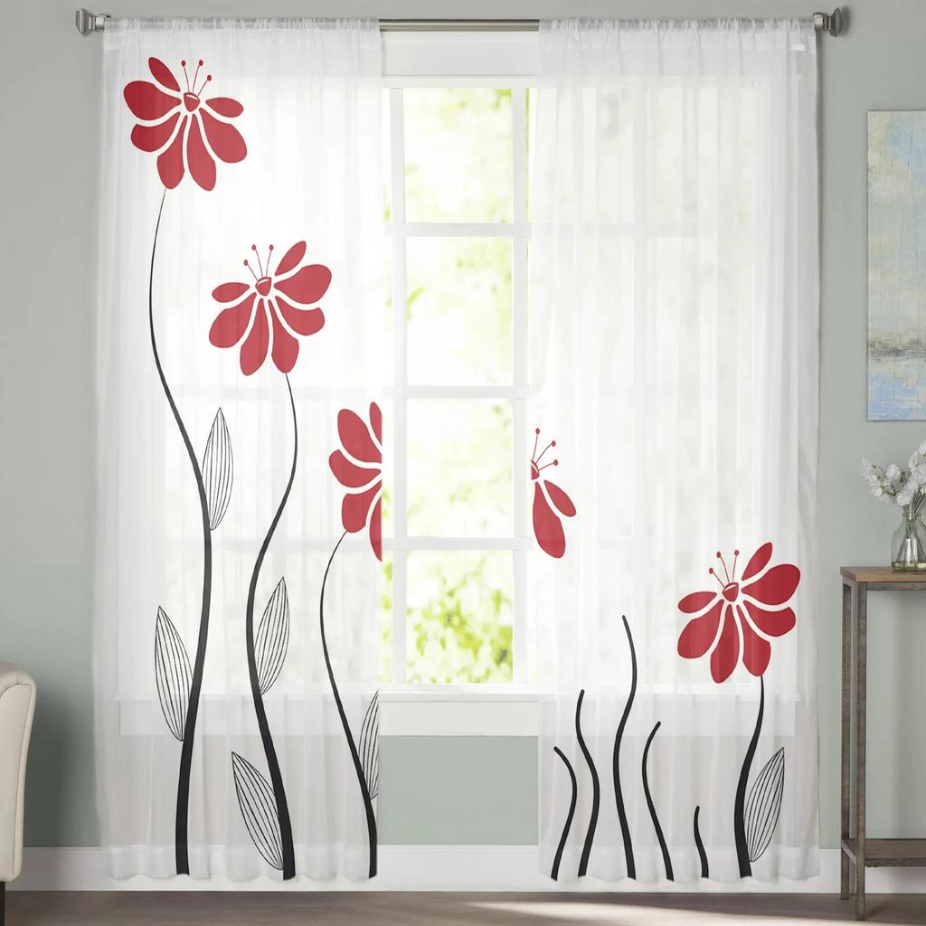 Röda Blommor Linjer Växtgardin Tyll Dekorativa Skira Gardiner för Vardagsrum Sovrum Kök Hotell Hem Fönsterpaneler