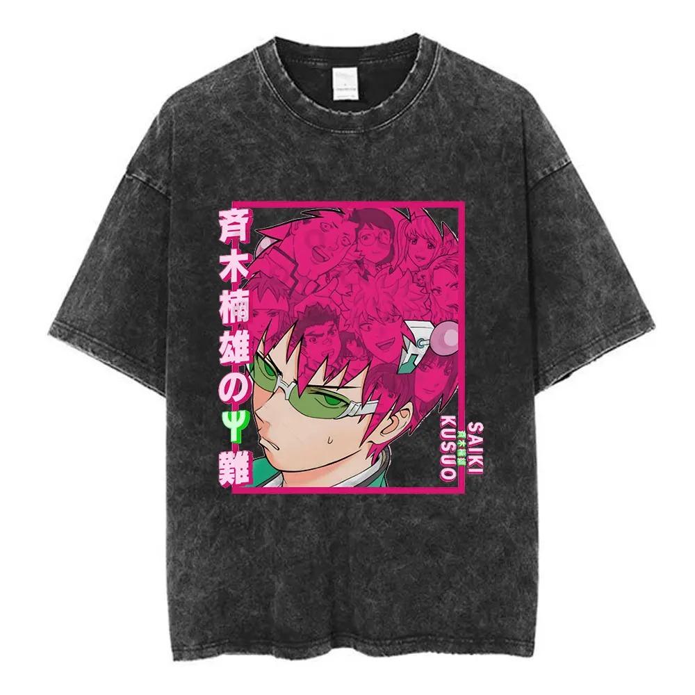 Anime The Disastrous Life of Saiki K Graphic Print Tshirt Men Women Vintage Washed Cotton Oversized Harajuku Style Summer Tees