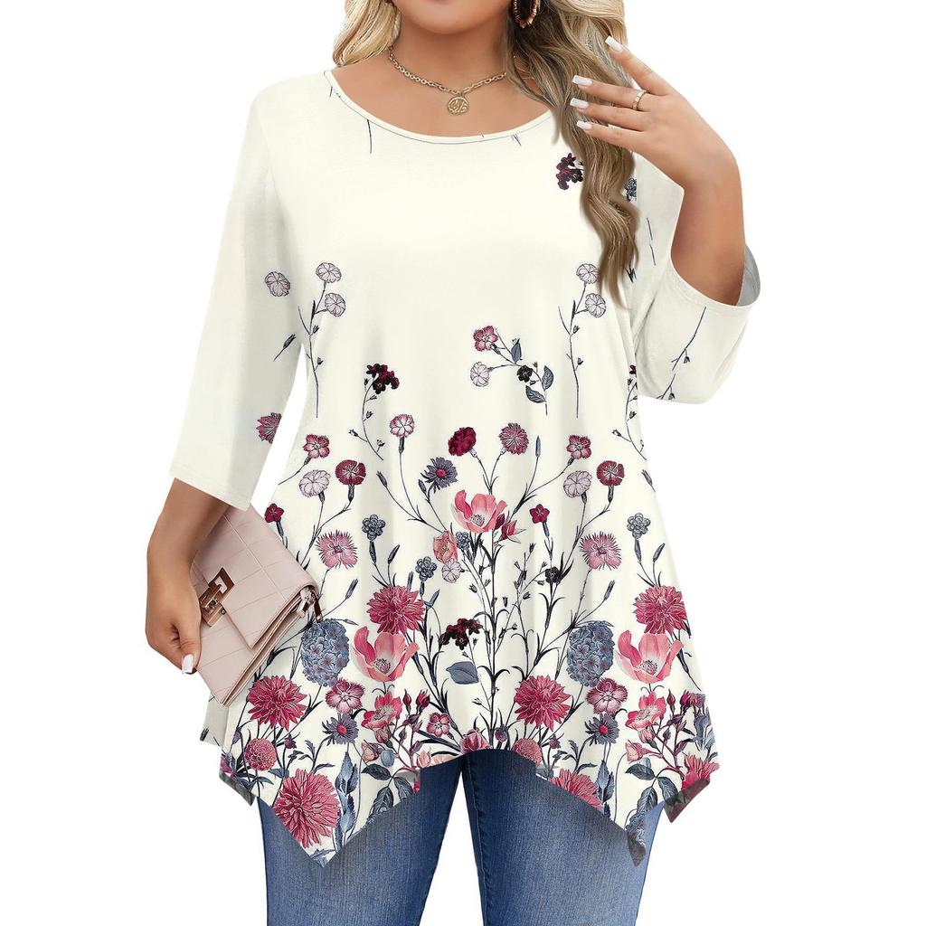 Womens Plus Size 3/4 Sleeve Shirts  Round Neck Tunic Tops Basic Loose Fit Tee Tops L-5XL
