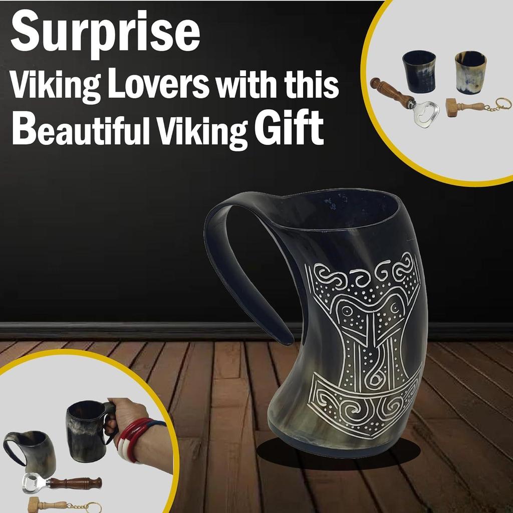 Viking Drinking OX Horn | Tankard | Mug | Cup for Ale, Beer, Mead, Wine, Shot Glass, Bottle Opener |100% Leak Free | Natural and Handmade