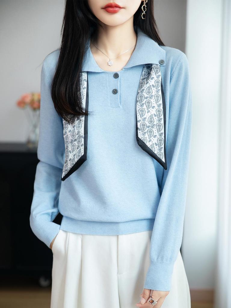 2025 Women's Fashionable Knitwear: French Ribbon Silk Scarf Design, POLO Collar, Long Sleeve Sweater