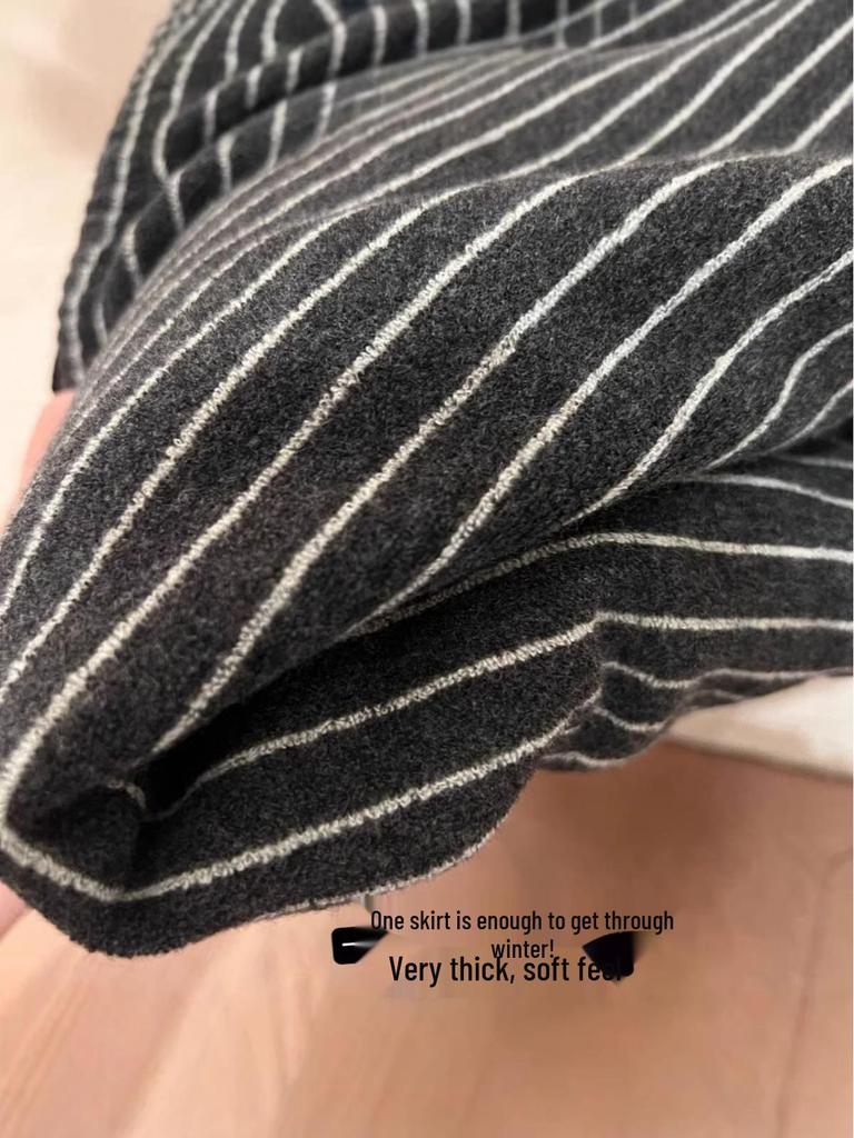 Winter Women's Cozy Korean Long Skirt with Fleece, Striped Color Block, and Comfortable H-Shape Design