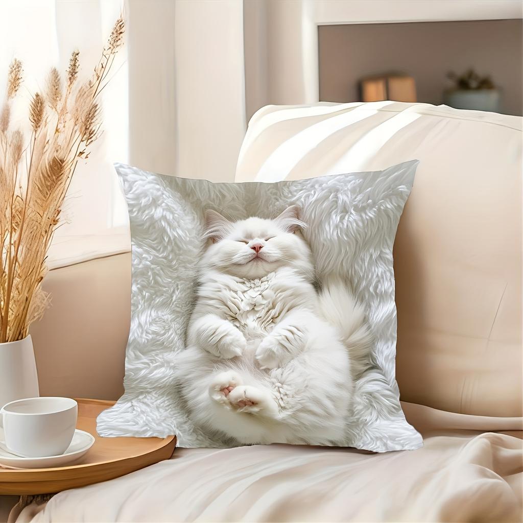Cute Sleeping White Fluffy Cat Print Throw Pillow Cover Realistic Kitten Themed Cushion Case For Pet Lovers Home Couch Decor