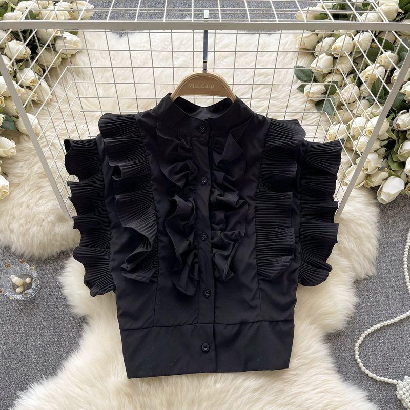 

Socialite Style Flying Sleeve Ruched Wooden Ear Short Shirt Black One size