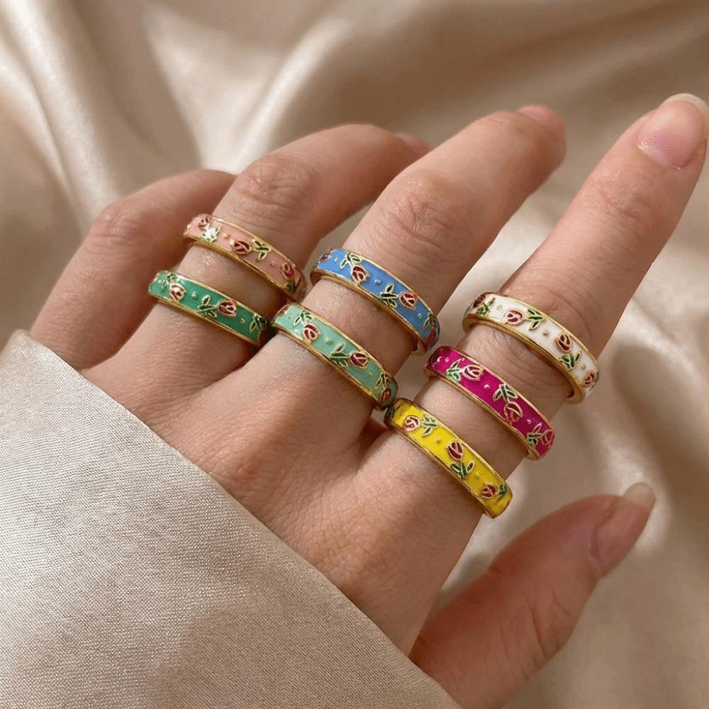 Flower Enamel Open Ring Unique Adjustable Tulip Ring Vintage Geometric Ring Fashion Jewelry
