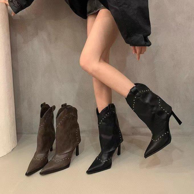 Fashion Vintage Rivet Women Western Cowgirl Boots Fashion Slip On Shoes Autumn Winter High Heel Women's Knight Short Booties 2025