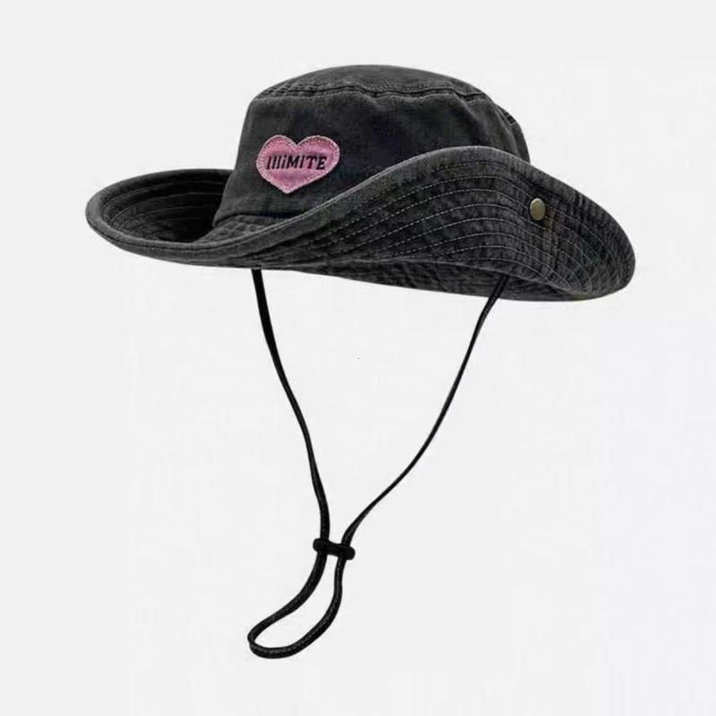 2025 Sweet Pink Love Bucket CapsJapanese Retro Washed Cowboy Hats for Women Spring and Summer Outdoor Camping Sun Protection