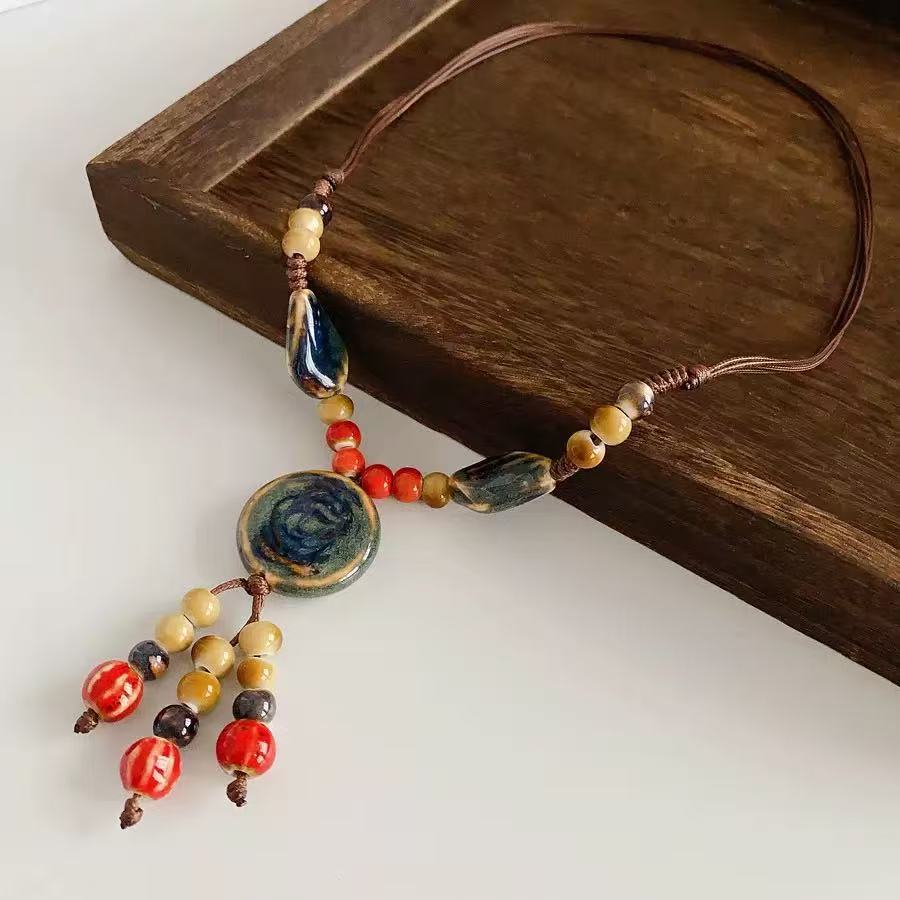 

JMXD Керамічне Кольорове Кругле Намисто з Китицями Новий Китайський Вінтажний Стиль Дофаміновий Солодкий Унікальний Універсальний Ланцюжок на Ключицю Пляжний Богемний Темно-синій