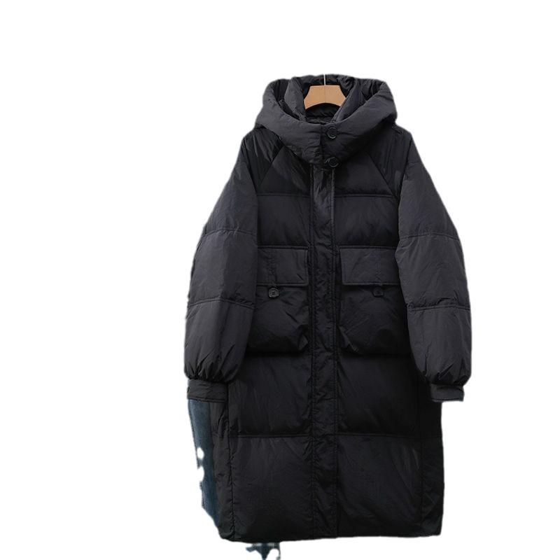 2024 Women's Mid-Length White Duck Down Hooded Winter Coat