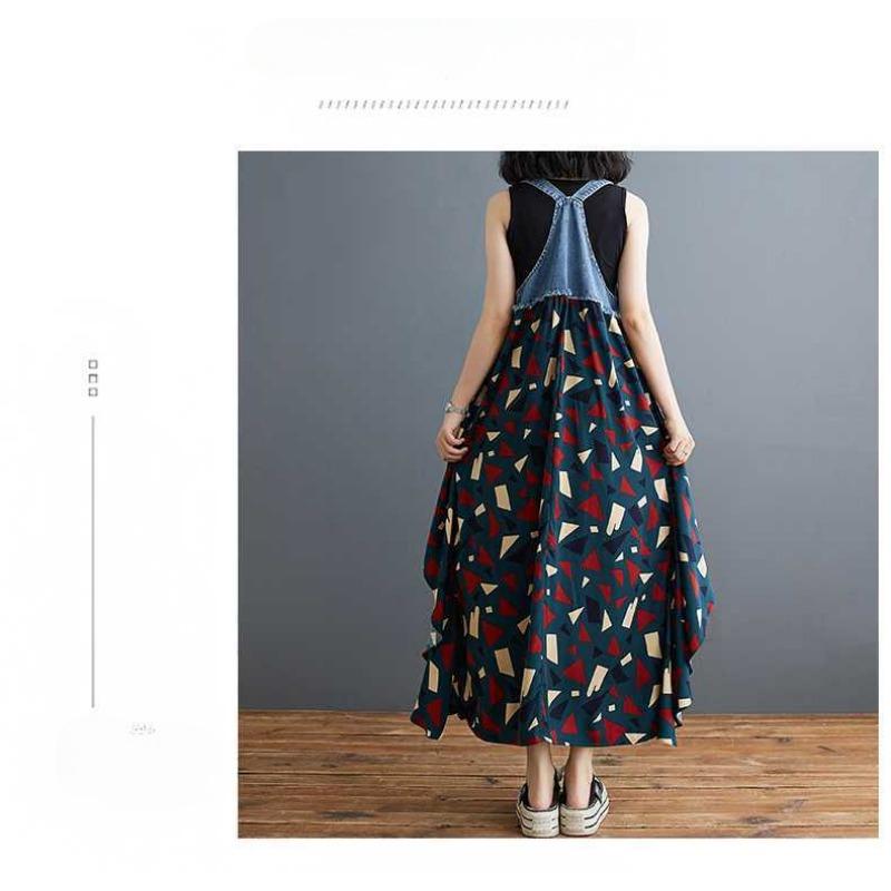 Women's Loose Chiffon Printed Denim Suspender Mid Length Dress