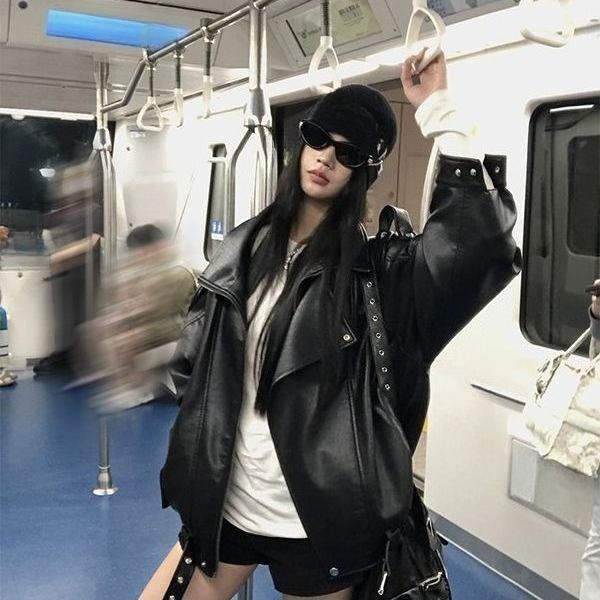 Amerikanischer Stil Mode Vintage Biker Lederjacke für Damen Herbst Lockerer Schnitt Vielseitig Trendig Lässige Oberbekleidung